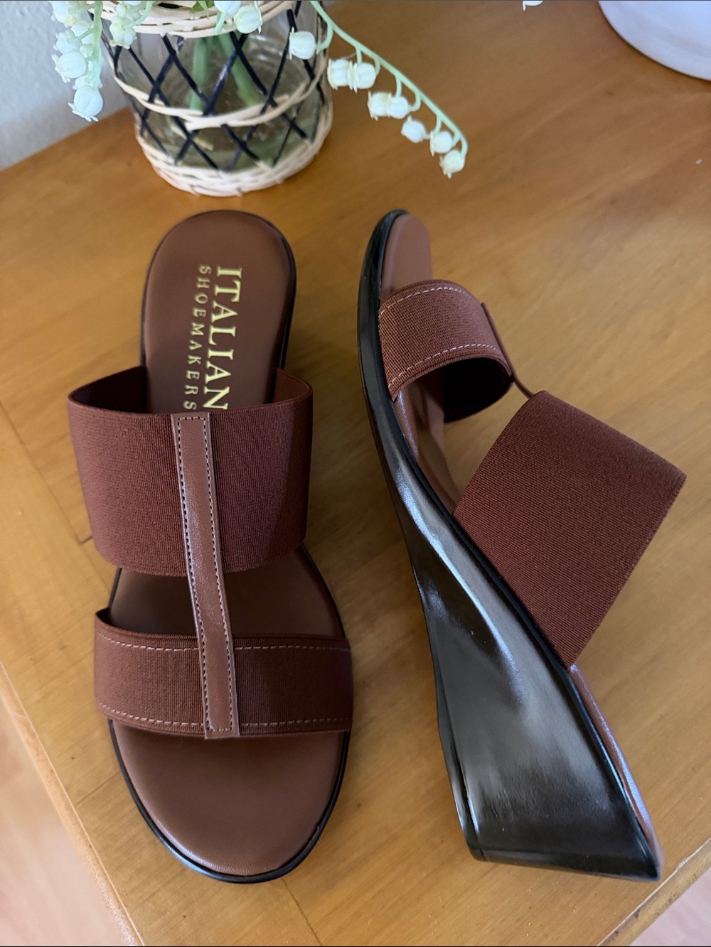 Italian Shoemakers Brown Elastic Strap Wedge Sandals with Black Heel